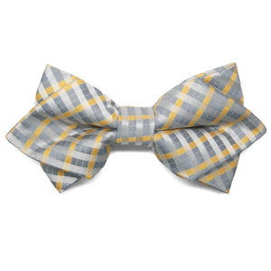 Silver and yellow plaid diamond tip bow tie, front view