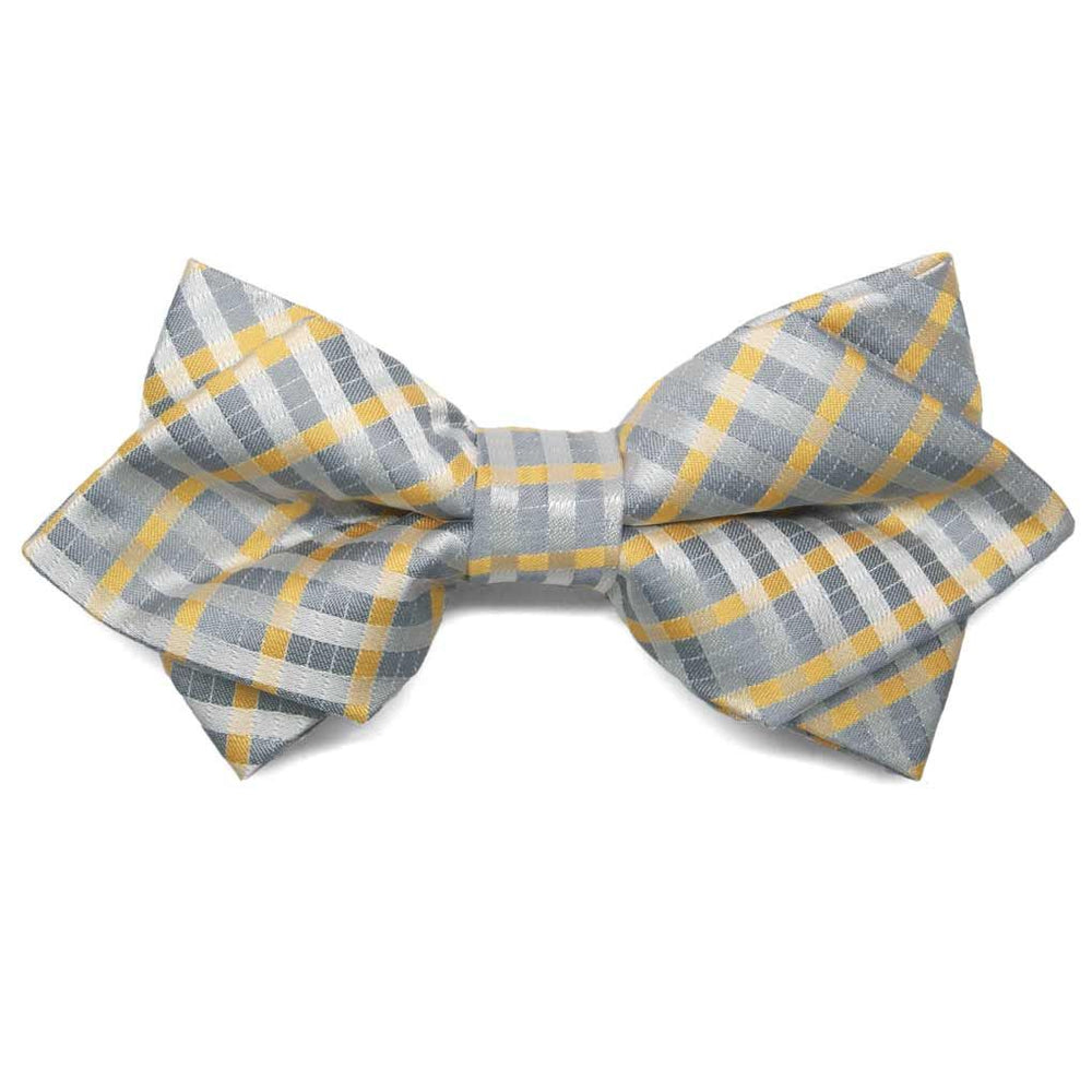Silver and yellow plaid diamond tip bow tie, front view