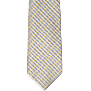 Front view of a dark silver and yellow gingham tie
