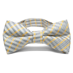 Silver and yellow plaid bow tie, front view