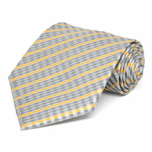 Extra long silver and yellow plaid necktie, rolled view