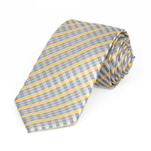 Load image into Gallery viewer, Silver and yellow plaid slim necktie, rolled view