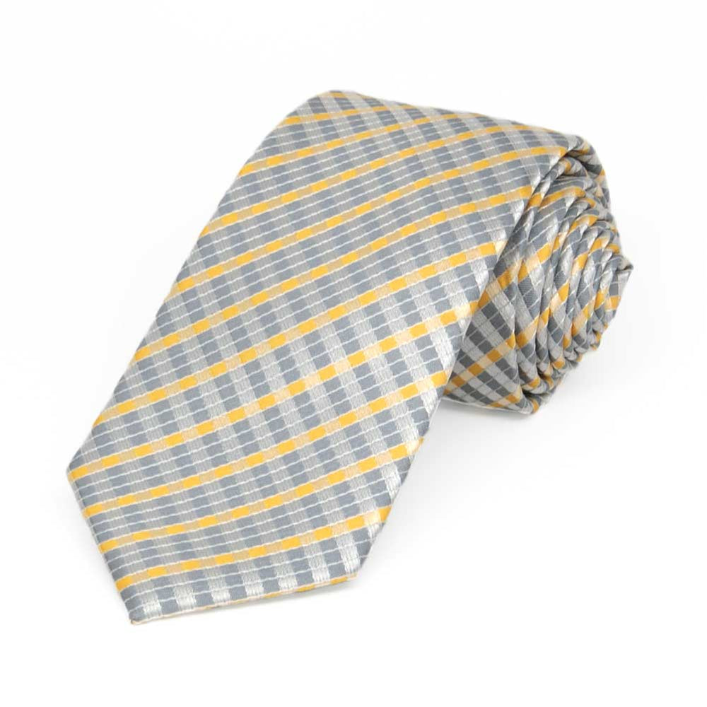 Silver and yellow plaid slim necktie, rolled view