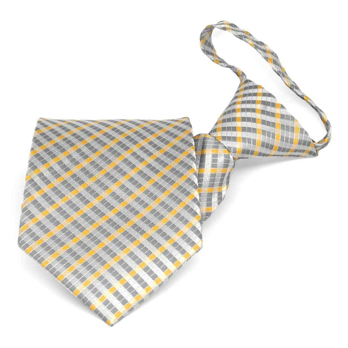 Silver and yellow plaid zipper tie, folded front view