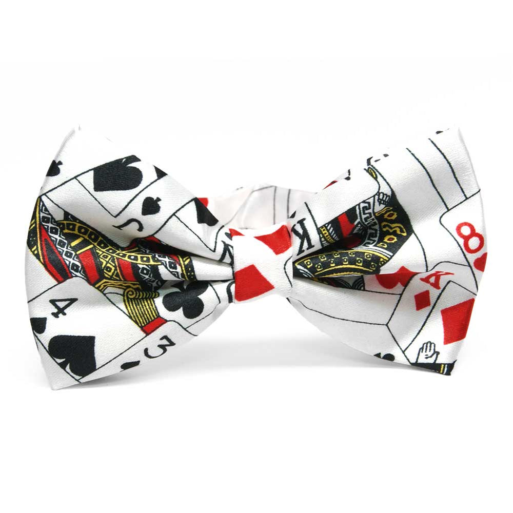 Playing cards spade, heart, diamond and clubs theme in a white bow tie.