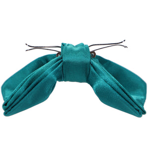 An opened deep aqua clip-on bow tie