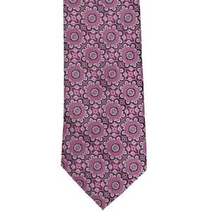 Front view of a deep magenta floral tie