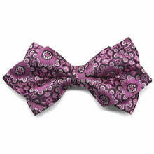 Load image into Gallery viewer, Front view of a deep magenta floral pattern diamond tip bow tie