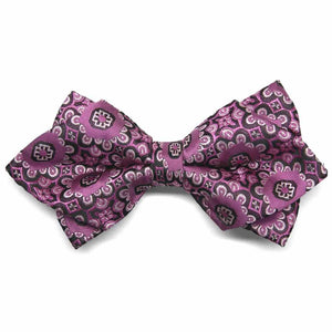 Front view of a deep magenta floral pattern diamond tip bow tie