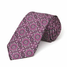 Load image into Gallery viewer, Rolled view of a deep magenta floral pattern slim necktie