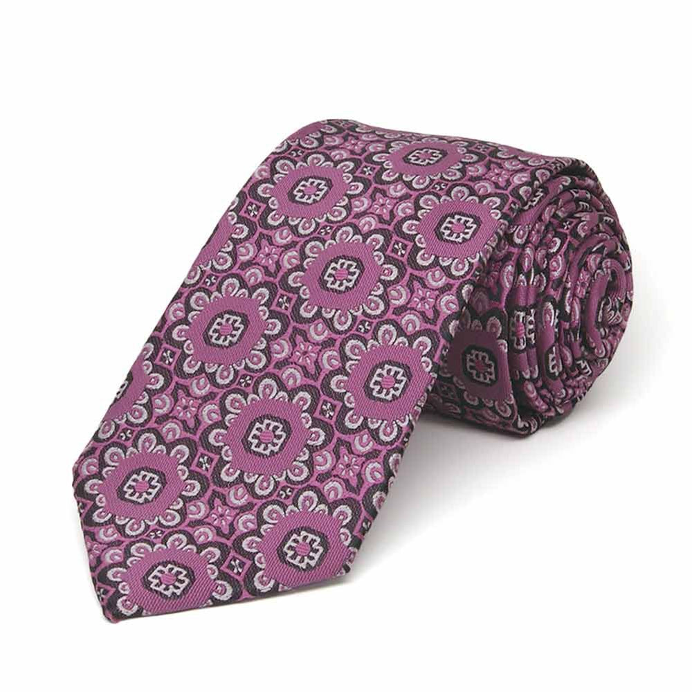 Rolled view of a deep magenta floral pattern slim necktie