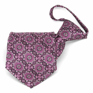 Folded front view of a deep magenta floral pattern zipper style tie