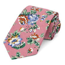 Load image into Gallery viewer, A mauve floral pattern tie, rolled to show off the pattern