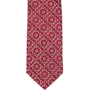 Flat front view of a red and white floral pattern necktie