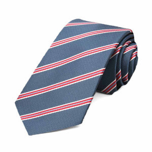 Denim blue, red and white pencil striped slim necktie, rolled to show texture
