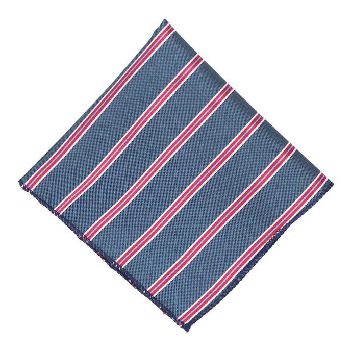 Denim blue, red and white pencil striped pocket square, flat front view