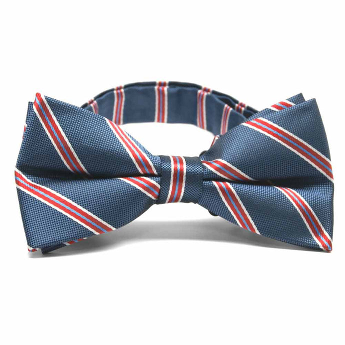 Denim blue, red and white striped bow tie, front view
