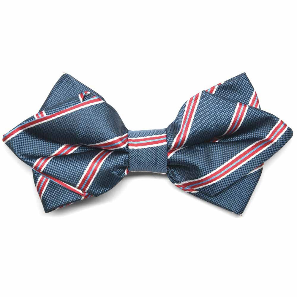 Denim blue, red and white striped diamond tip bow tie, front view