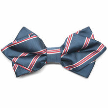 Load image into Gallery viewer, Denim blue, red and white striped diamond tip bow tie, front view