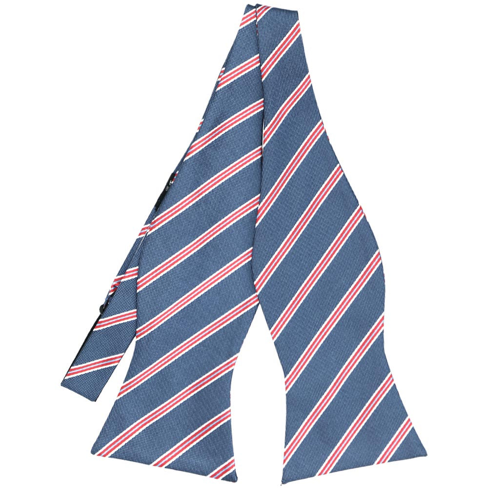 Denim blue, red and white pencil striped self-tie bow tie, untied front view