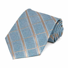 Load image into Gallery viewer, Light denim colored plaid silk tie rolled to show texture