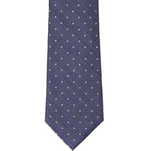 Load image into Gallery viewer, The front of a denim blue extra long tie with white polka dots