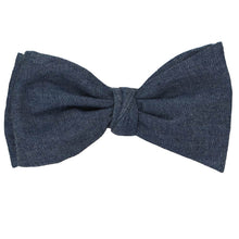 Load image into Gallery viewer, A denim self-tie bow tie, tied