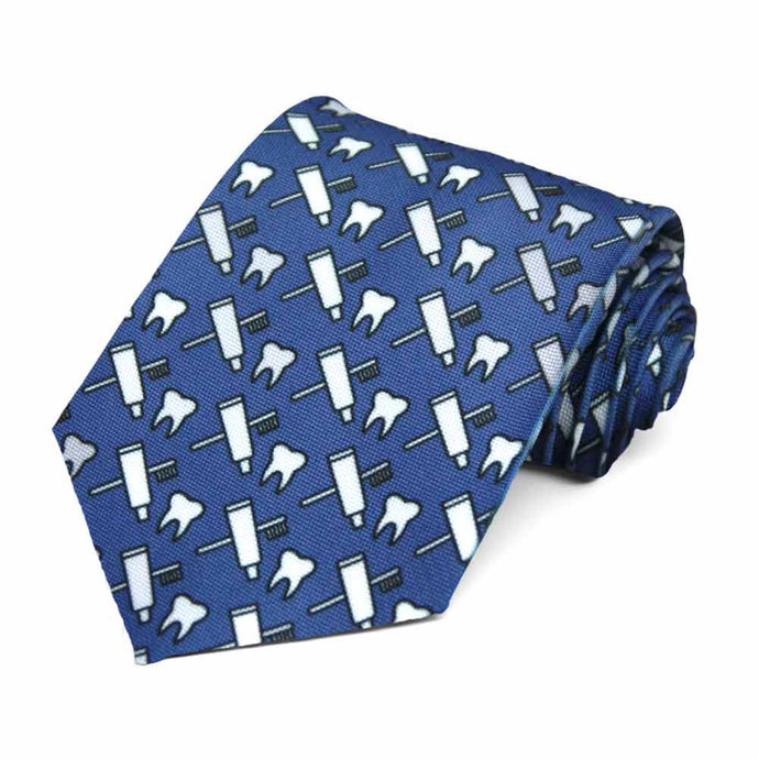 A toothpaste, tooth brush and tooth dentist pattern on a dark blue tie