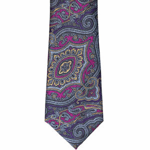 The front of a paisley tie with a detailed purple, orange and blue/gray paisley pattern