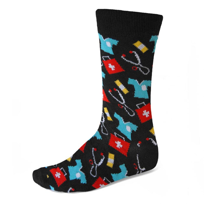 Men's medical theme sock on black background