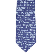 Load image into Gallery viewer, Front view of a #1 doctor themed necktie in shades of blue