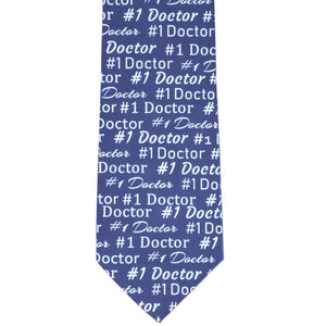 Front view of a #1 doctor themed necktie in shades of blue