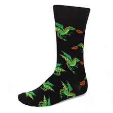 Load image into Gallery viewer, A men&#39;s black sock with a pattern of green fire-breathing dragons