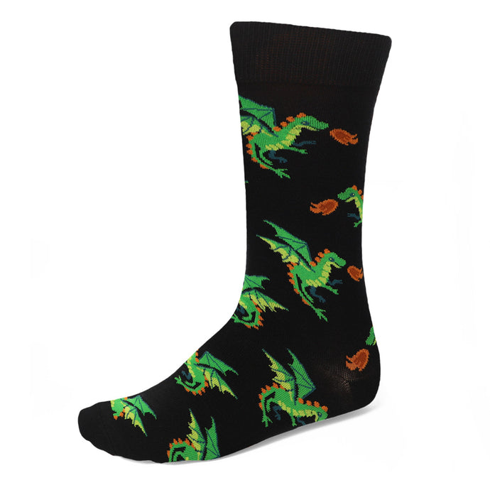 A men's black sock with a pattern of green fire-breathing dragons