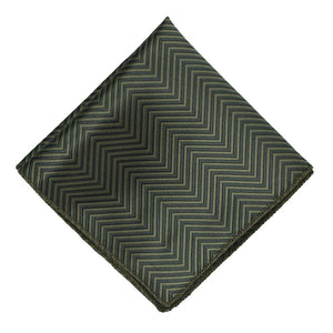 Flat view of a dark green and sage green chevron pattern pocket square