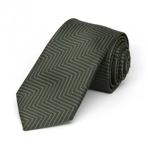 Dark green and sage green chevron striped tie, rolled to show texture and pattern