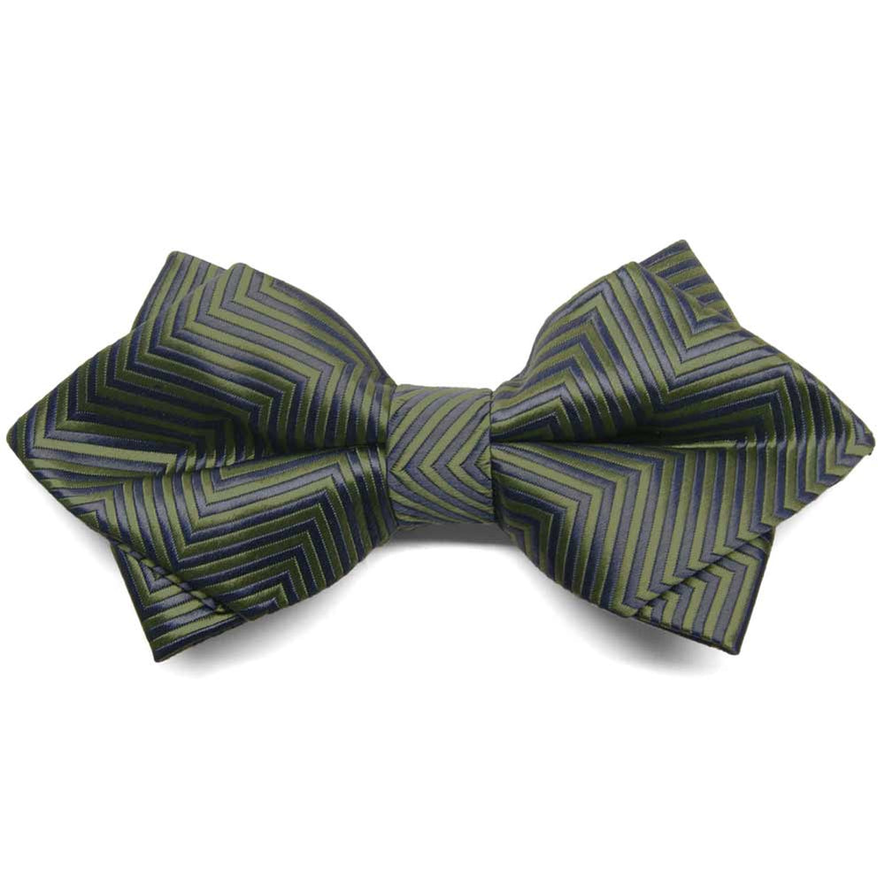 Front view of a dark green and sage green chevron pattern diamond tip bow tie
