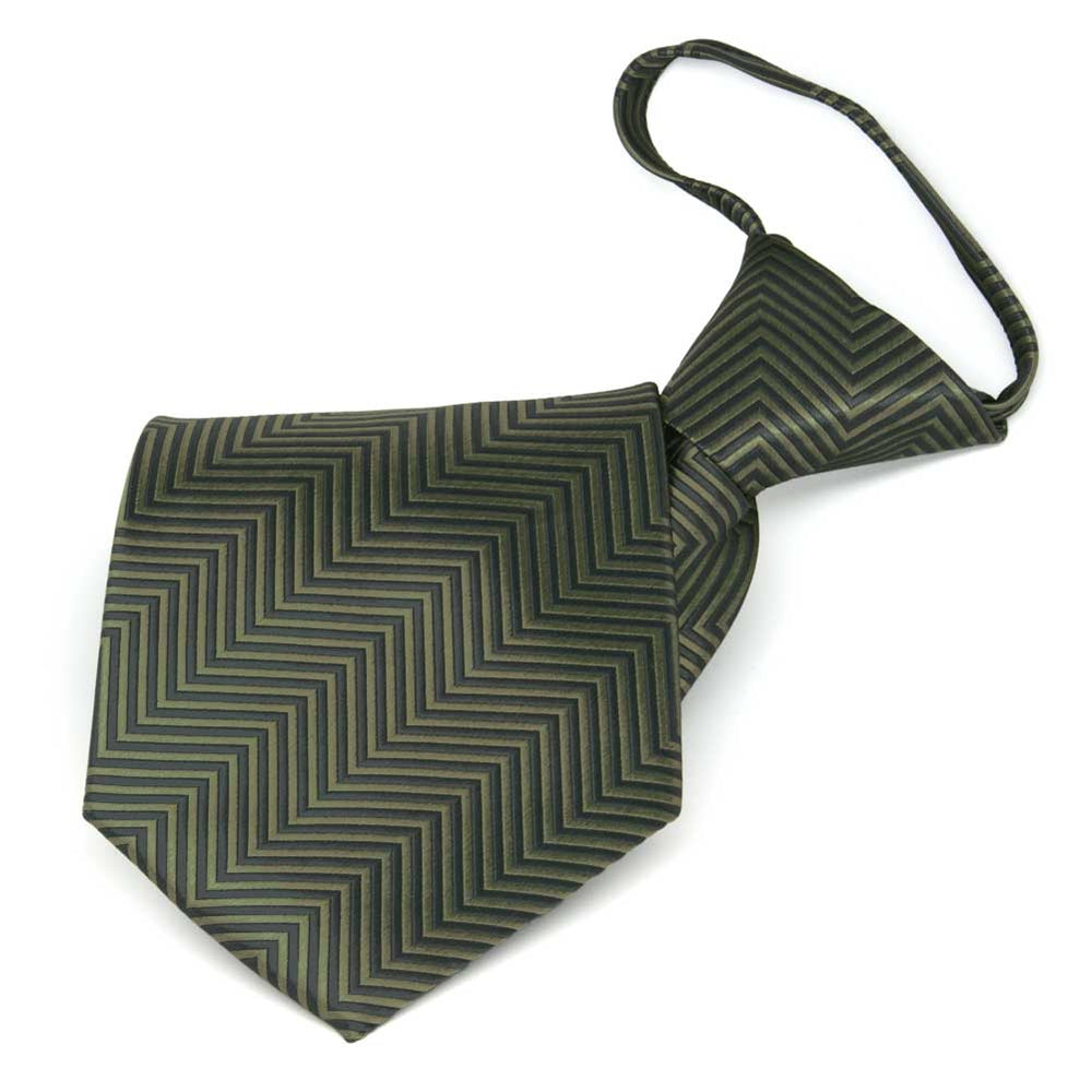 Folded front view of a dark green and sage green chevron pattern zipper style tie