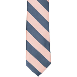 The front of a dusty blue and petal striped tie, laid out flat