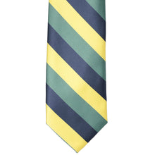 Load image into Gallery viewer, Tip view of a striped tie in dusty blue, eucalyptus and light yellow