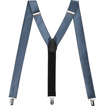 Load image into Gallery viewer, Dusty blue suspenders displayed in an M shape to show off the clips Y-design
