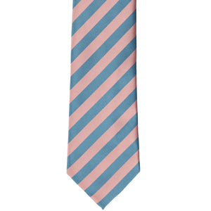 Front view of a dusty pink and blue striped tie