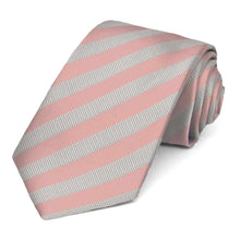 Load image into Gallery viewer, Dusty Pink and Light Gray Formal Striped Tie rolled view