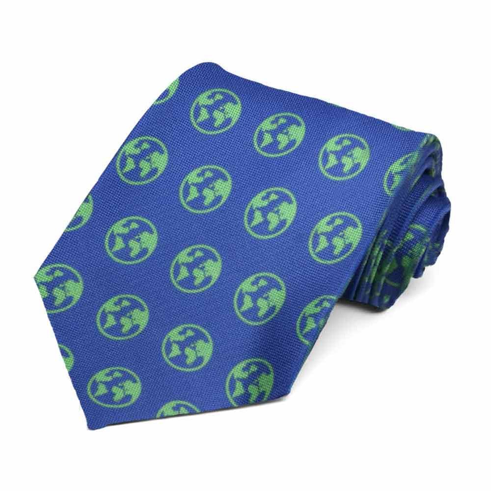 An earth novelty tie in green and blue