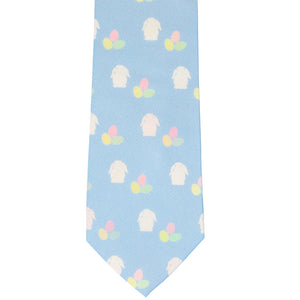 Front view Easter bunny and eggs on blue tie