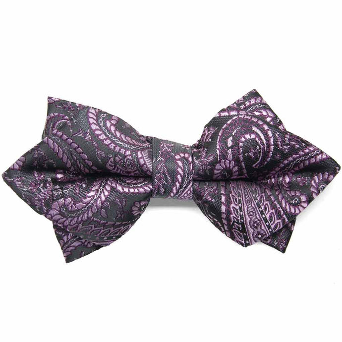 Eggplant paisley diamond tip bow tie, close up front view