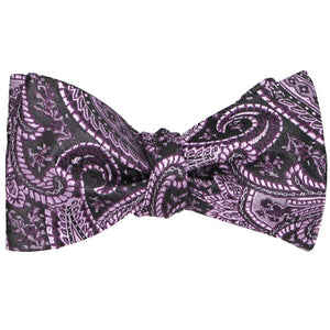 A tied eggplant purple paisley bow tie in a self-tie style