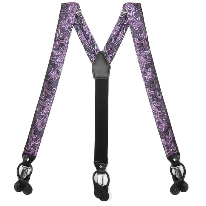 Eggplant paisley suspenders, front view to show clips and straps