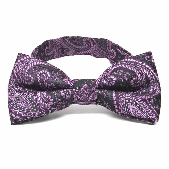 Eggplant paisley bow tie, front view to show pattern
