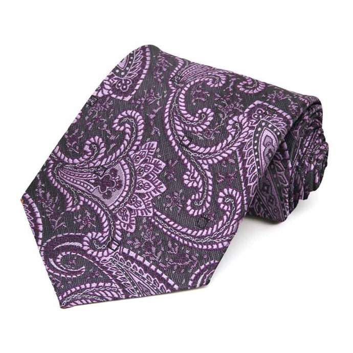 Eggplant paisley extra long necktie, rolled to show pattern up close